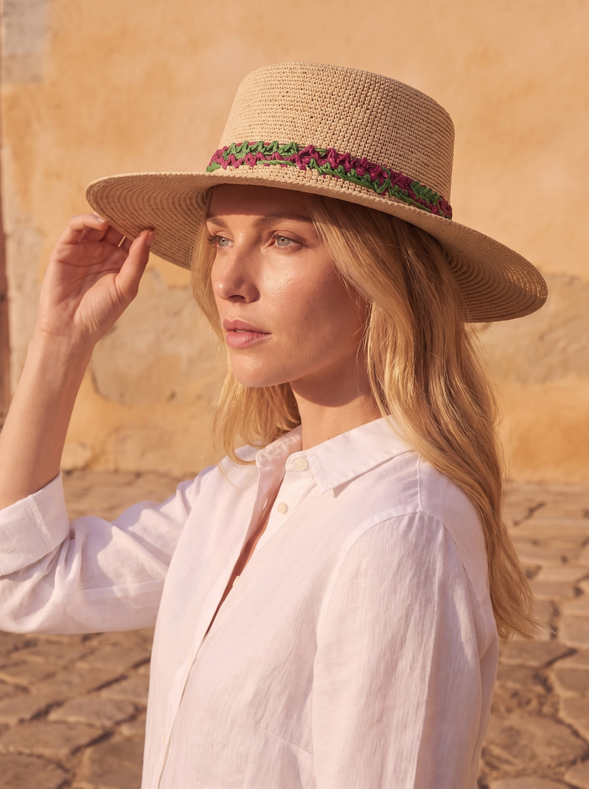 The Wide Brim Panama Hat worn, Burgundy & green