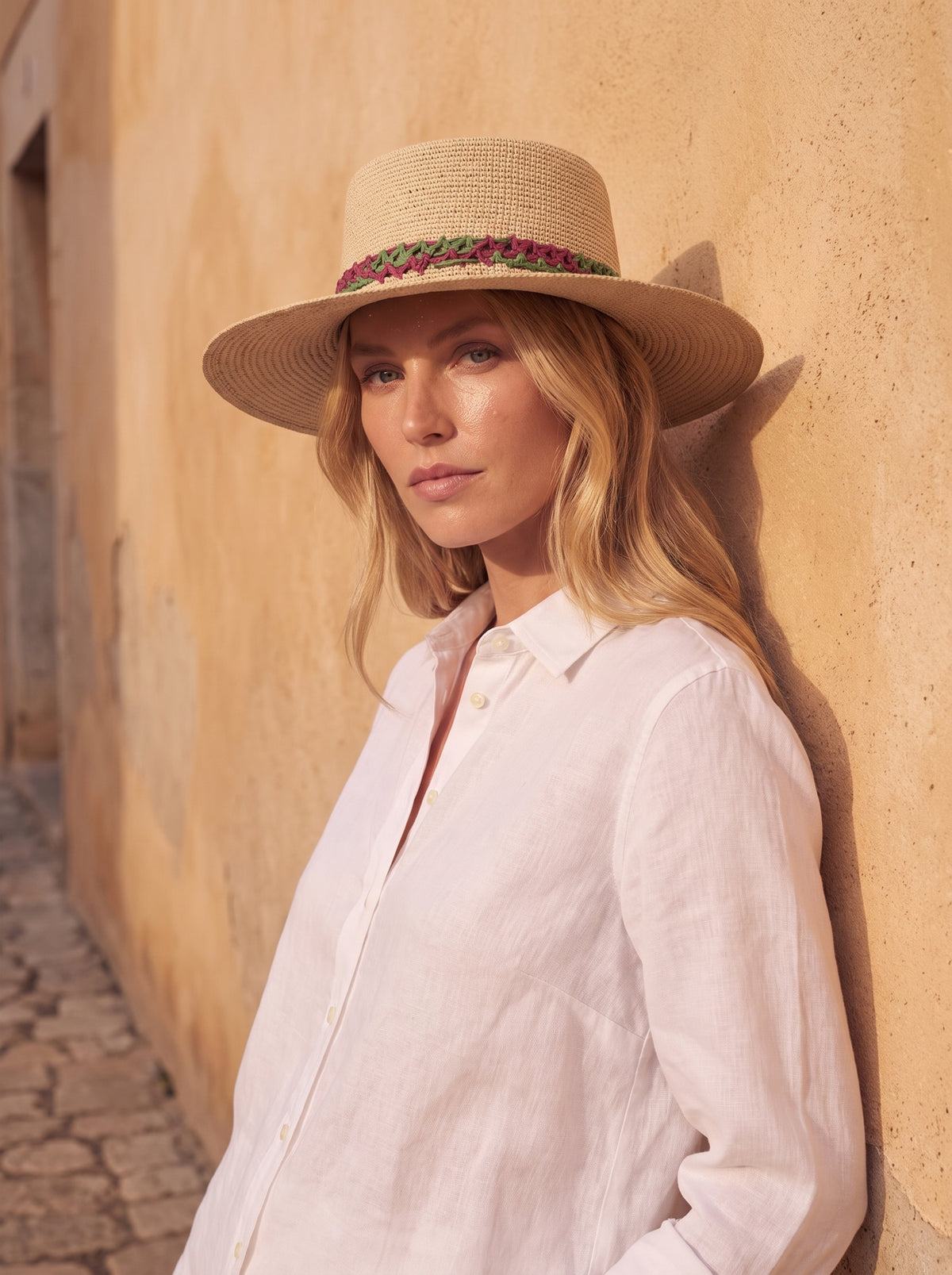 The Wide Brim Panama Hat worn, Magenta & green