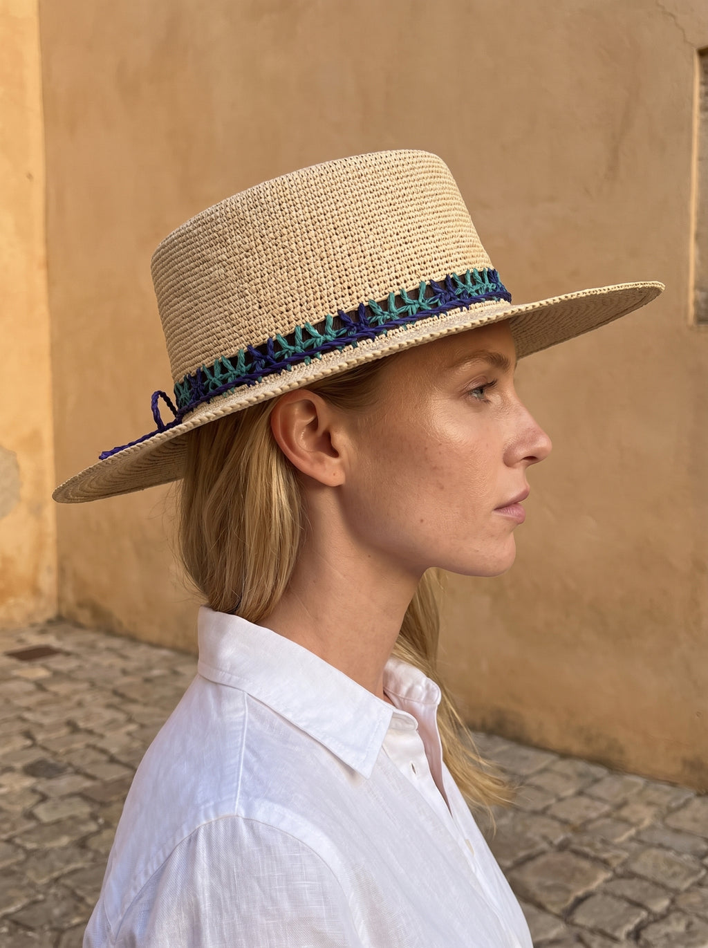 The Wide Brim Panama Hat worn, Navy & green