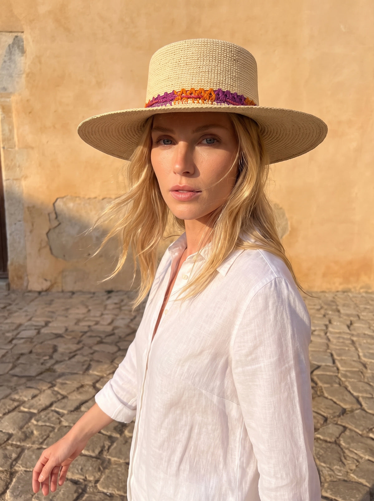 The Wide Brim Panama Hat worn, Purple & orange