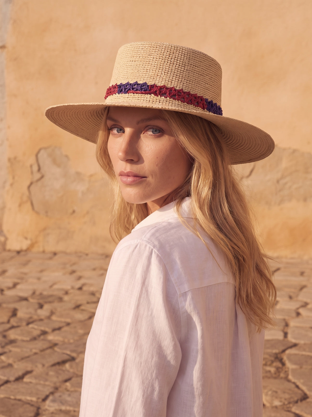 The Wide Brim Panama Hat worn, Red & navy