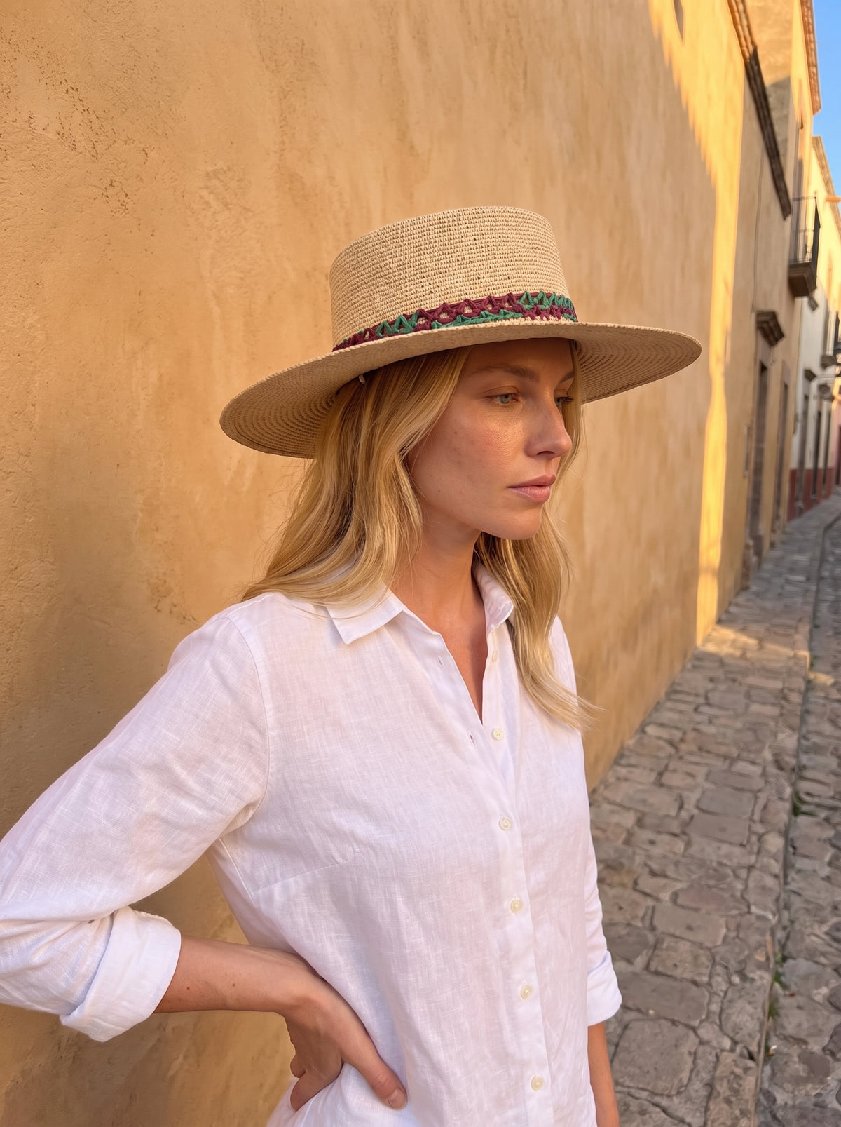 The Wide Brim Panama Hat worn, Teal & terracotta