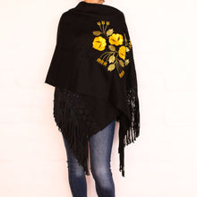 Load image into Gallery viewer, Black Shawl Yellow flowers
