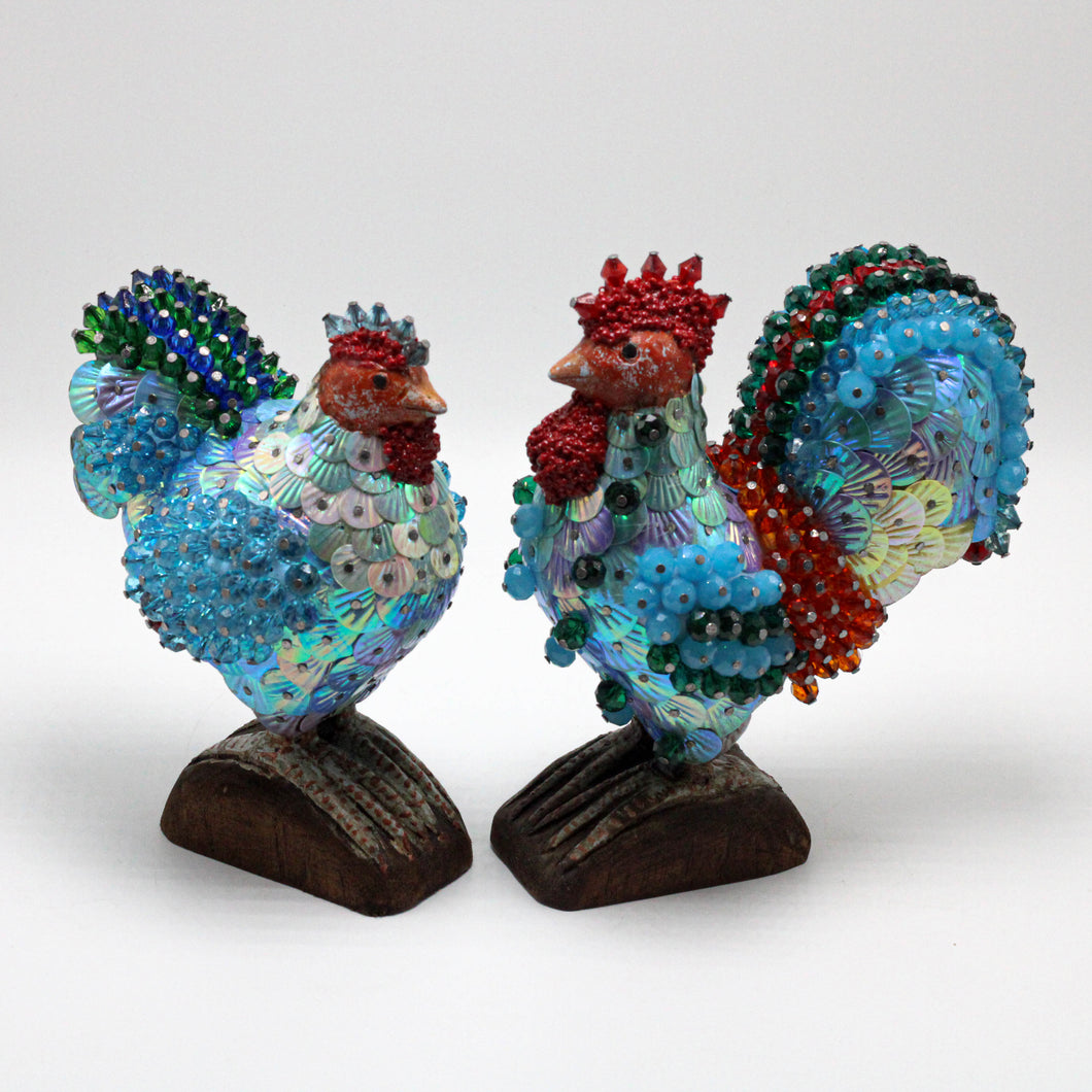 Wooded Hen and Rooster Couple with Incrustations