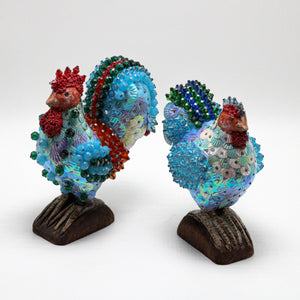 Wooded Hen and Rooster Couple with Incrustations